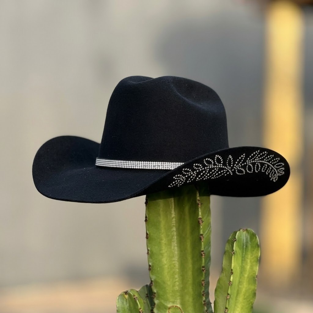 Chapéu Country Preto com Strass – Estilo Boideira e Rodeio