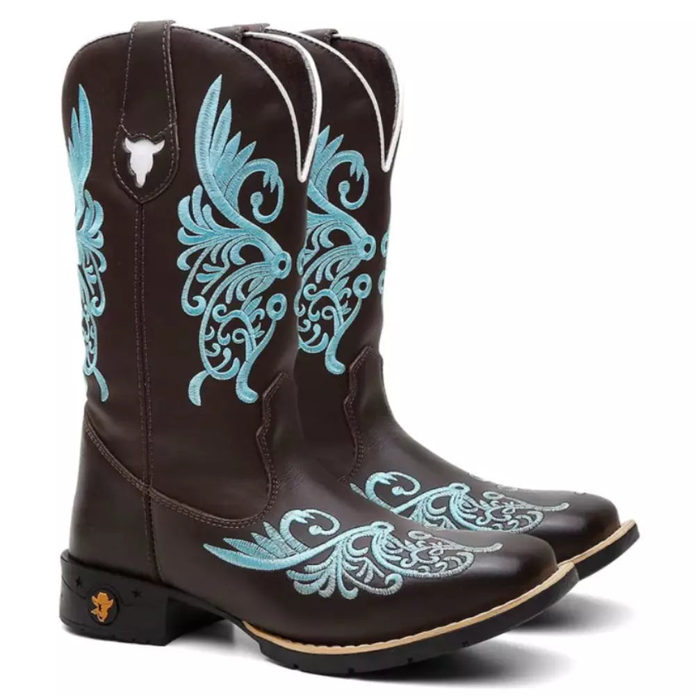 Bota Texana Feminina Floral Azul