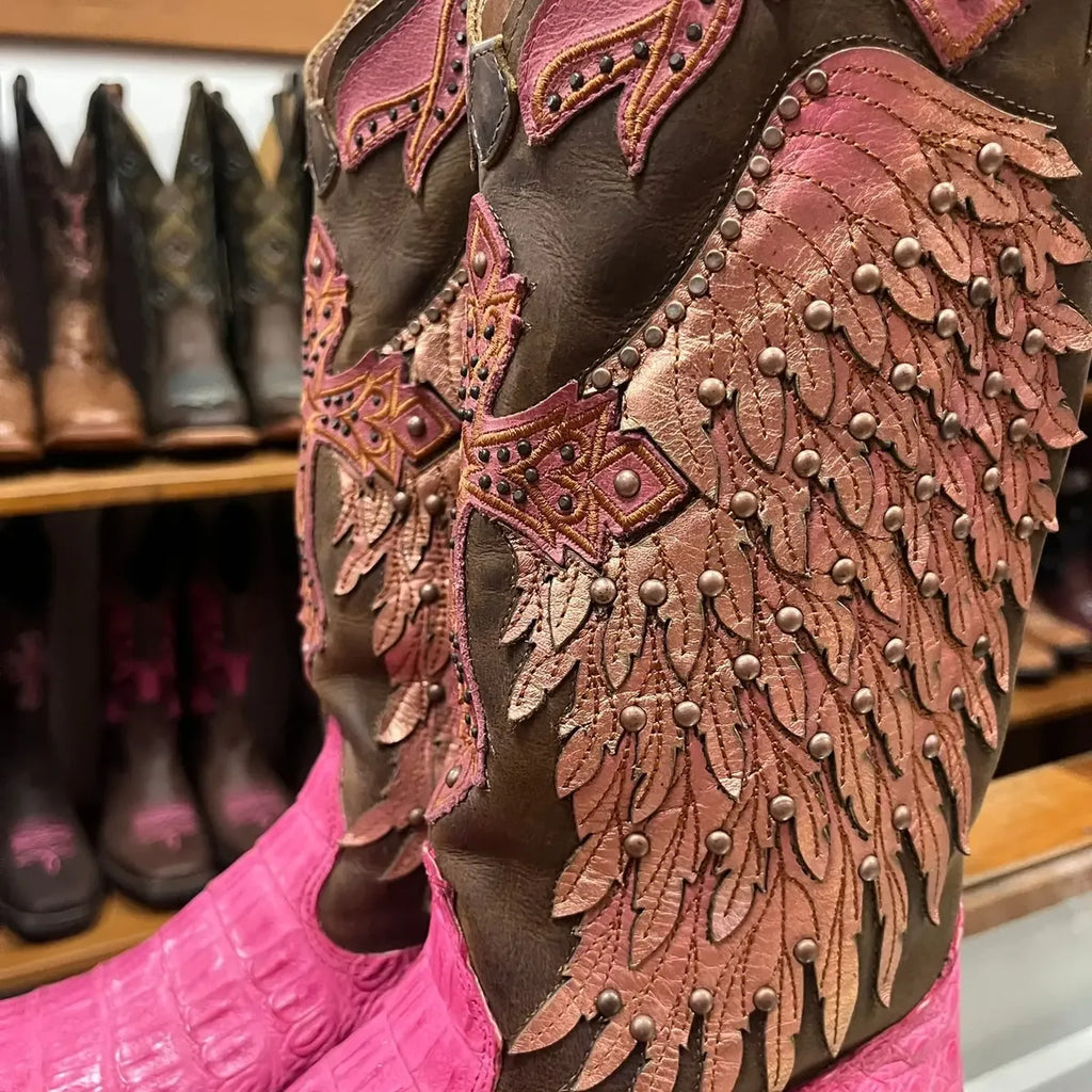 Bota Texana Country Feminina Jacaré Rosa Cruz Brilho
