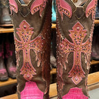 Bota Texana Country Feminina Jacaré Rosa Cruz Brilho