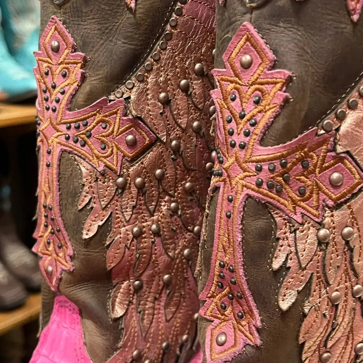 Bota Texana Country Feminina Jacaré Rosa Cruz Brilho