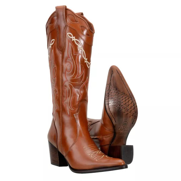 Bota Texana Feminina Cano Alto Bordado e Bico Fino